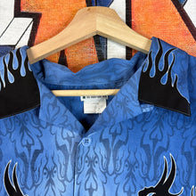 Load image into Gallery viewer, Y2K No Boundaries Blue Dragon Flames Rayon Button Up Size Large
