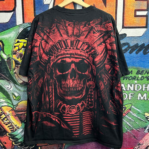 Y2K Aztec Skull Warrior All Over Print Tee Size 2XL