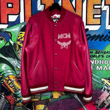Load image into Gallery viewer, MCM Virgin Wool Graphic Print Red Varsity Jacket Size XL
