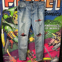 Load image into Gallery viewer, Amiri MX1 Red Plaid Patch Skinny Jeans Size 36”

