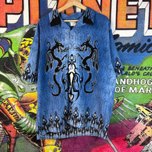 Load image into Gallery viewer, Y2K No Boundaries Blue Dragon Flames Rayon Button Up Size Large
