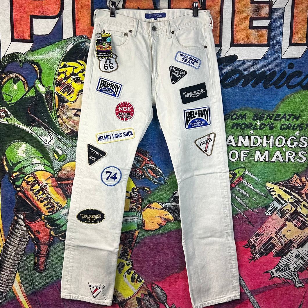 2002 Junya Watanabe Comme Des Garçons MAN Motorcycle Patch Jeans Size 30”