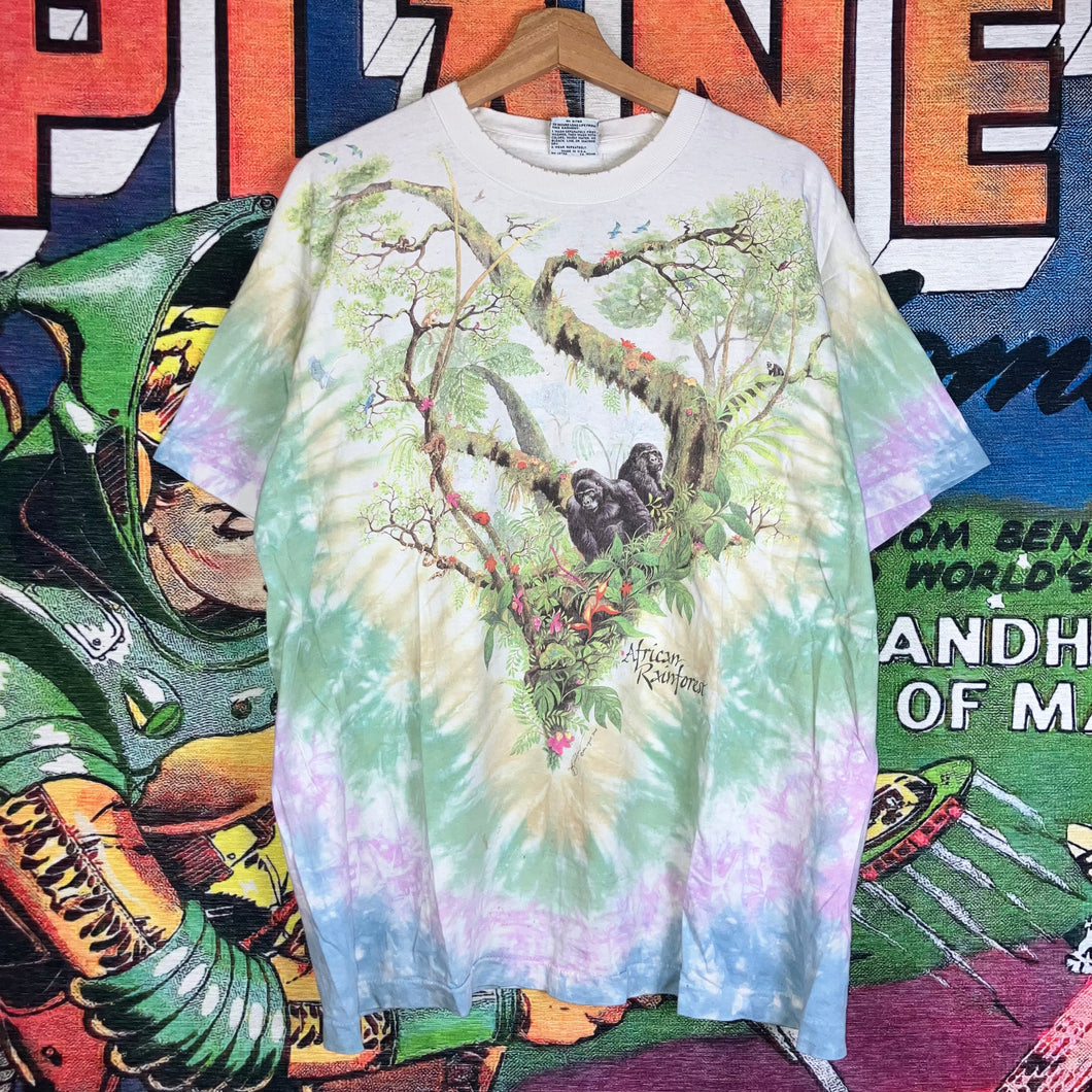 Vintage 90s Liquid Blue African Rain Forest AOP Tie Dye Graphic Tee Size XL