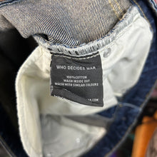 Load image into Gallery viewer, Who Decides War Scripture Jeans Size 34”
