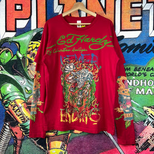 Y2K Christian Audigier Ed Hardy Rhinestone L/S Graphic Tee Size L