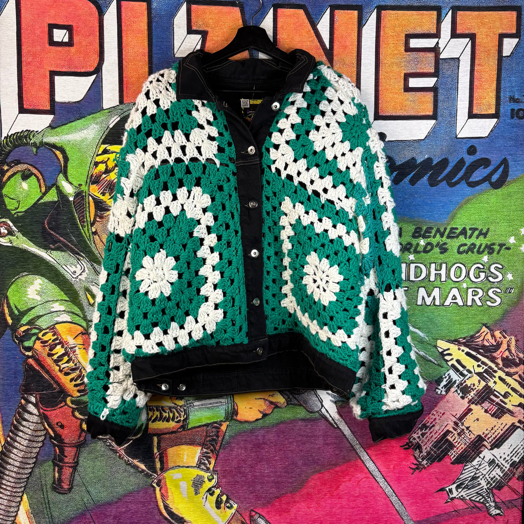 Reclamied La Reversible Crocheted Denim Jacket Size Large￼