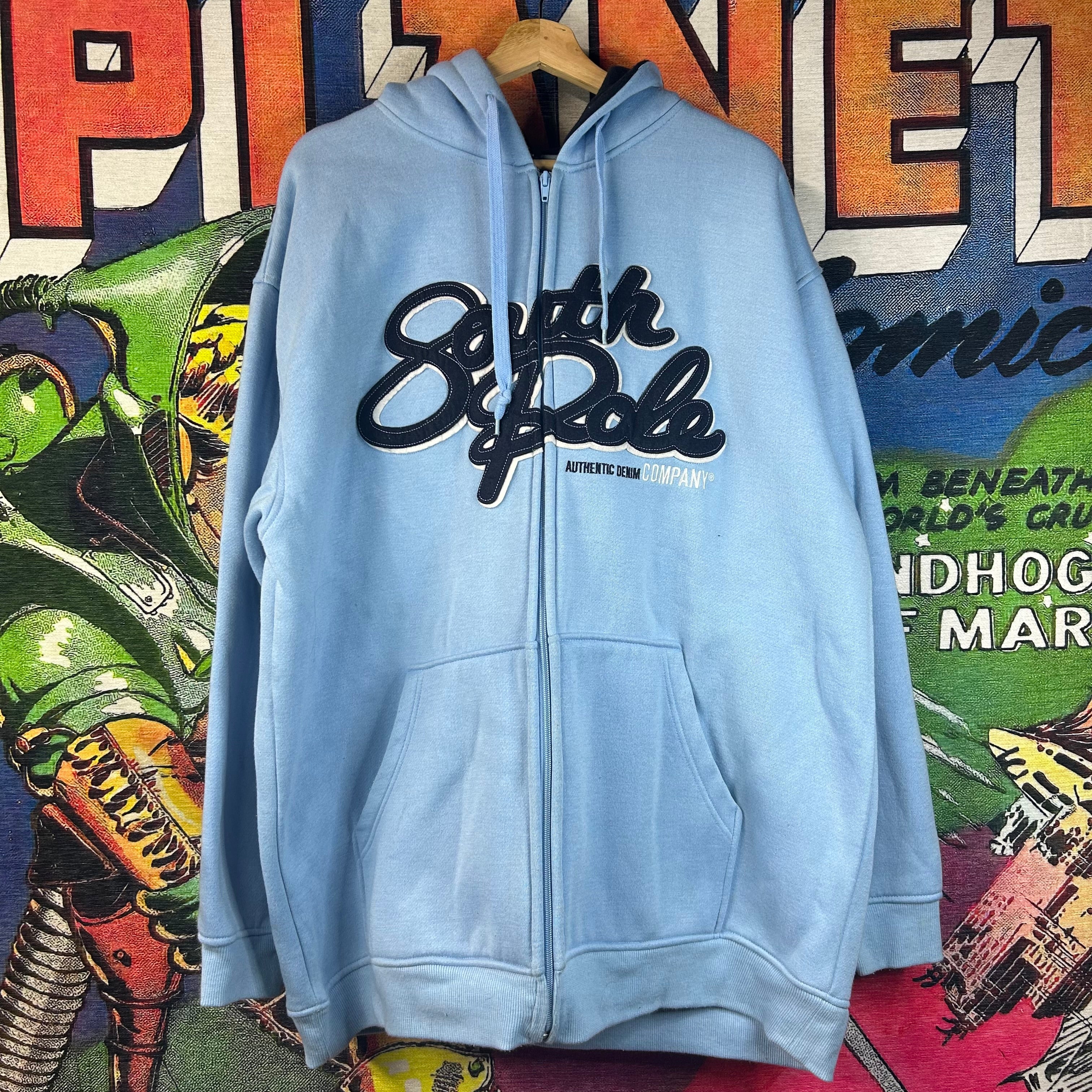 Y2K Southpole Authentic Denim Zip Up Hoodie Baby Blue Size XL