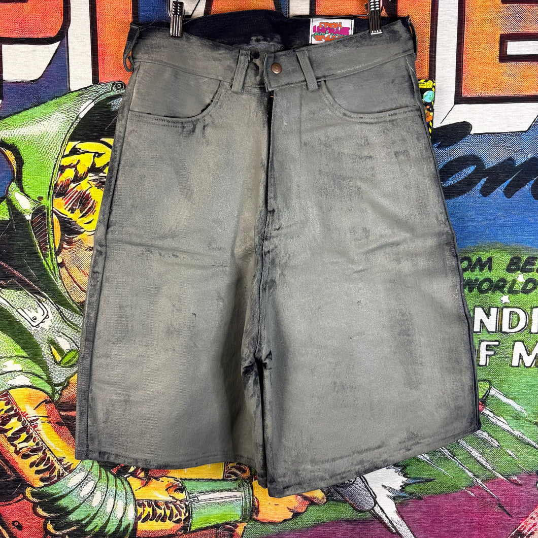 Distressed Waxed Grey Wide-Leg Shorts 