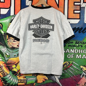 Vintage 90s 1998 Harley Davidson Chrome Logo Ringer Tee Size M