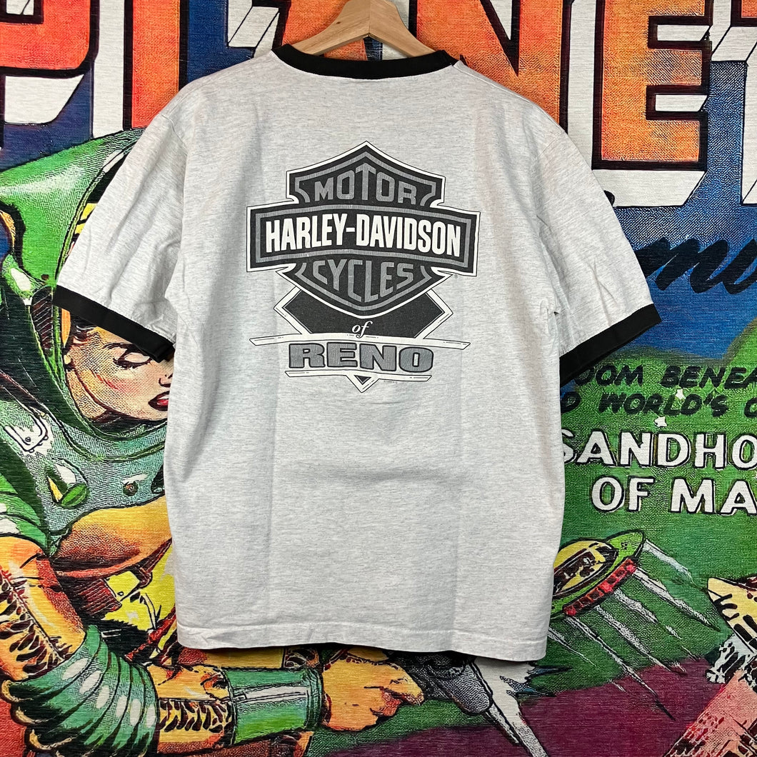 Vintage 90s 1998 Harley Davidson Chrome Logo Ringer Tee Size M