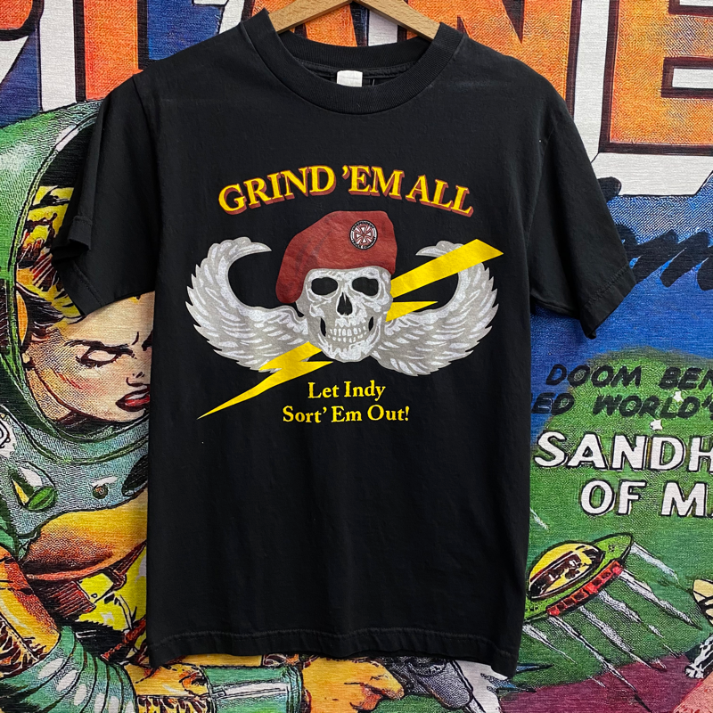 Vintage 90s Independent Trucking Co. Skateboard Grind ‘Em All Skull Tee Shirt size Small