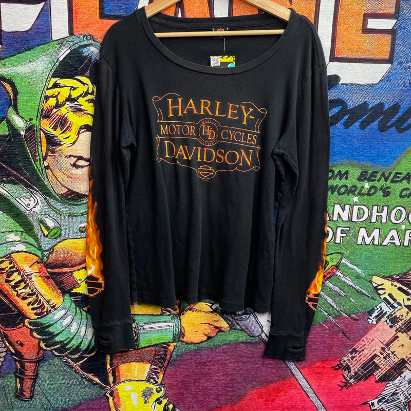 Y2K Harley Davidson Motorcycles Flame Long Sleeve Tee Shirt size Large